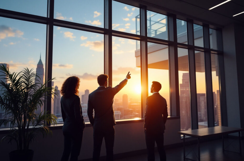 menschen-im-büro-ausblick-sonnenuntergang-rauszeigen