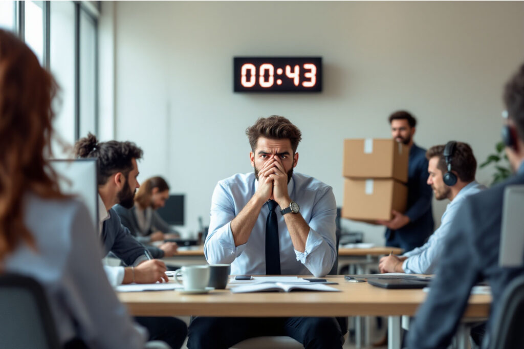 timer-verzweifelter-arbeiter-büro-stress