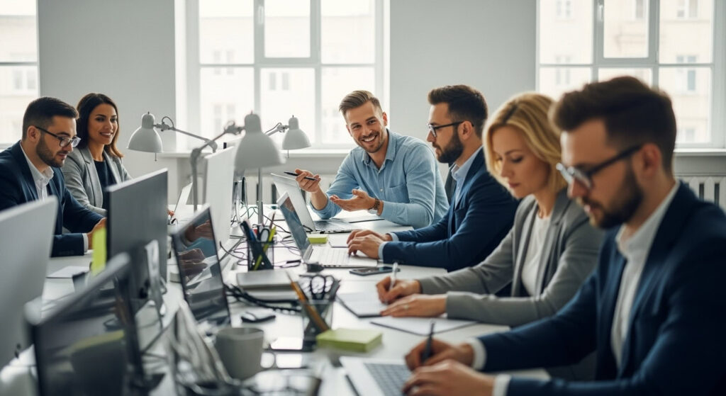 Interim Management Fractional Work: junger-manager-am-arbeitsplatz-mit-team