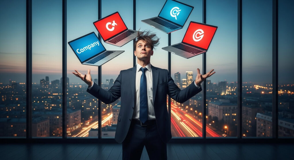 Interim Management Fractional Work: manager-mit-laptop-jonglierend-wehendes-haar-skyline