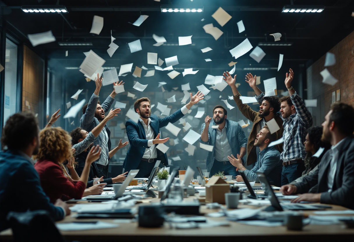 A stressed office team juggling multiple projects, papers flying, people improvising without clear leadership, overwhelmed atmosphere, chaotic modern office, photorealistic, cinematic lighting