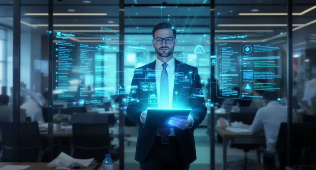 A confident interim project manager entering a meeting room full of chaos, bringing clarity and order, central figure with glowing clipboard, digital overlay of structured project plan, semi-futuristic corporate setting
