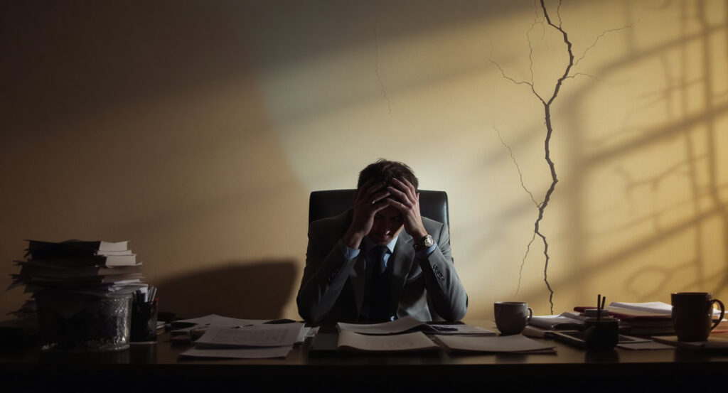 A single employee under pressure at a desk surrounded by shadows of unfinished tasks, invisible stress building up, subtle cracks forming in the background, metaphorical overload, realistic style
