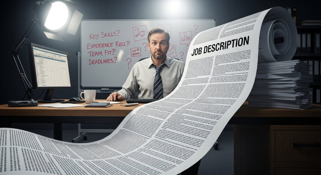 Job Description Anforderungsprofil Recruiting: mann-am-arbeitsplatz-mit-gigantischer-job-discription-papierrolle