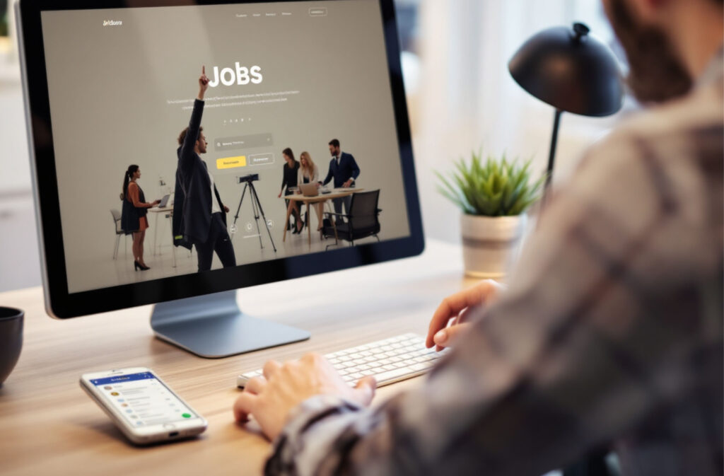 computer-jobanzeige-handy-mit-nachrichten-am-schreibtisch-arbeiten