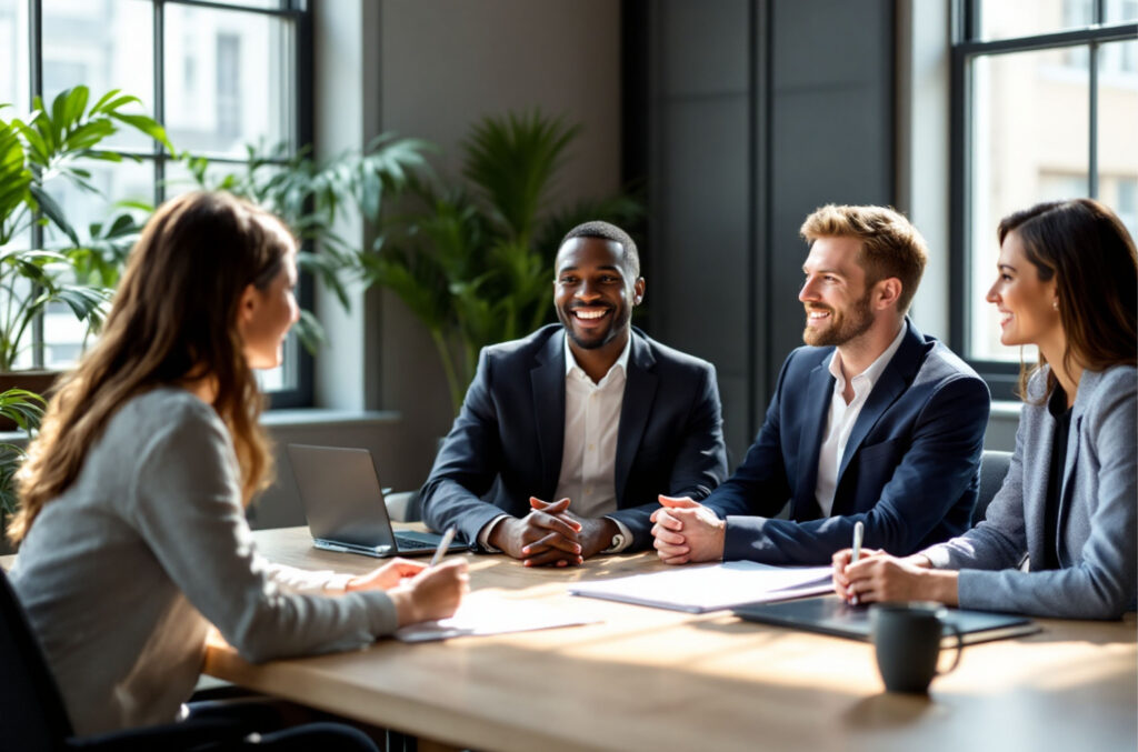 meeting-glücklich-vier-businessleute-büro