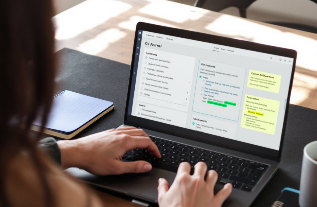 Blick über Schulter auf Laptop mit CV Journal Programm geöffnet