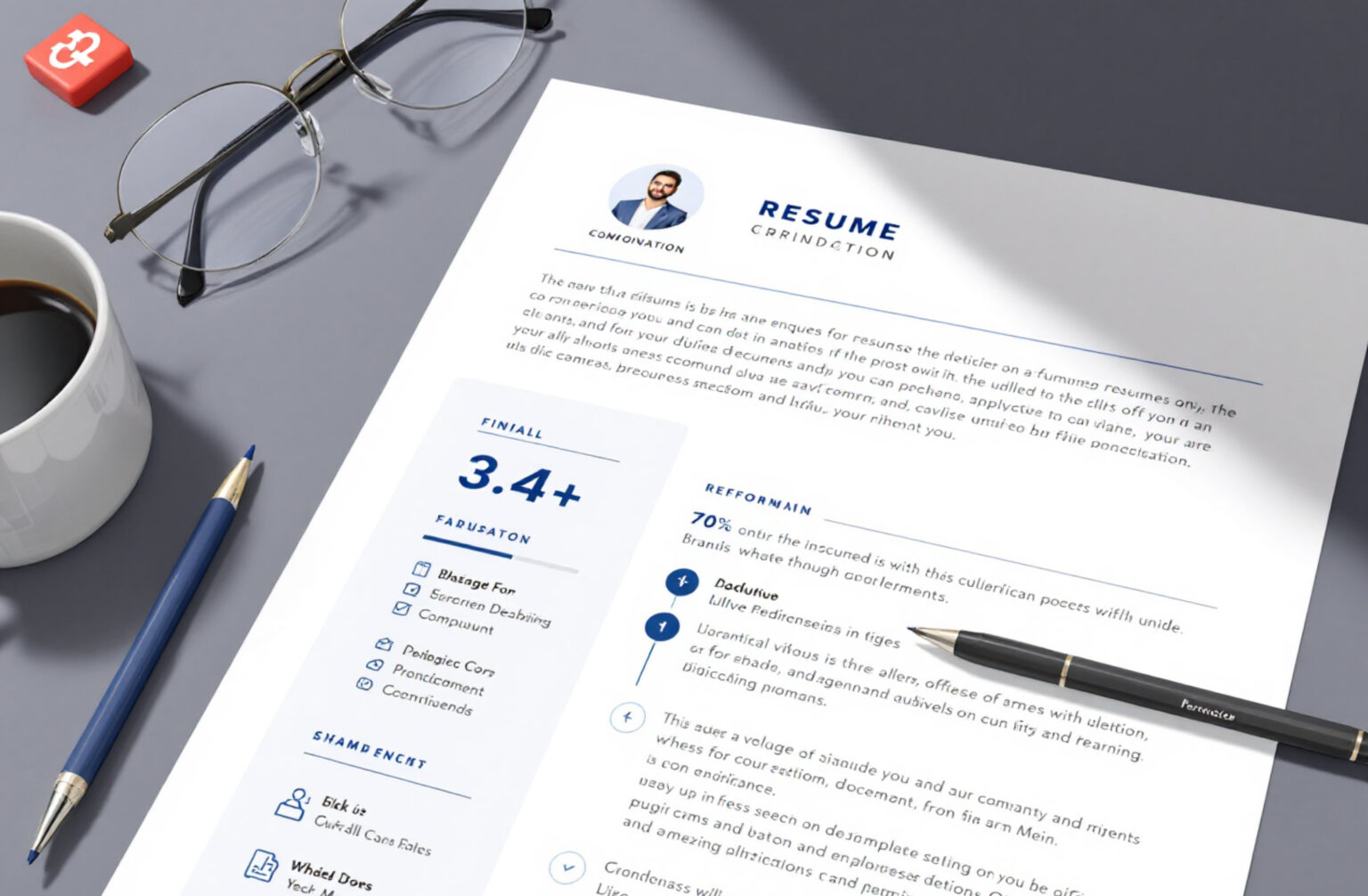 Modern gestalteter Lebenslauf auf einem Tisch liegend close up