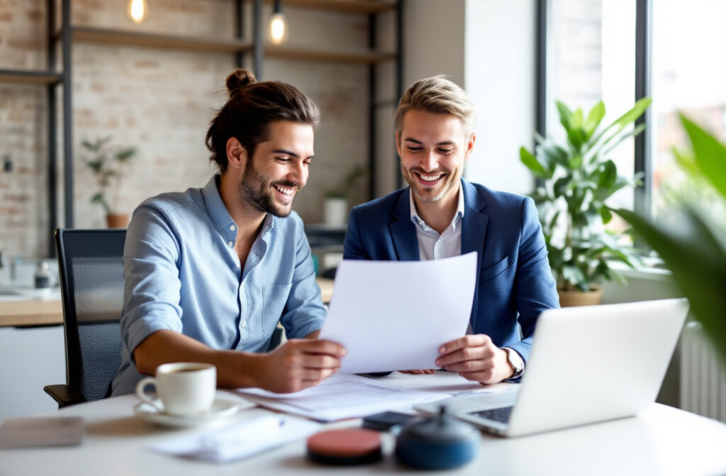 Zwei junge Männer an einem Arbeitsplatz über eine Vorlage diskutierend