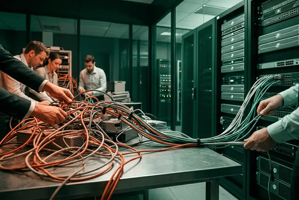 IT-Team verkabelt neu einen Serverraum