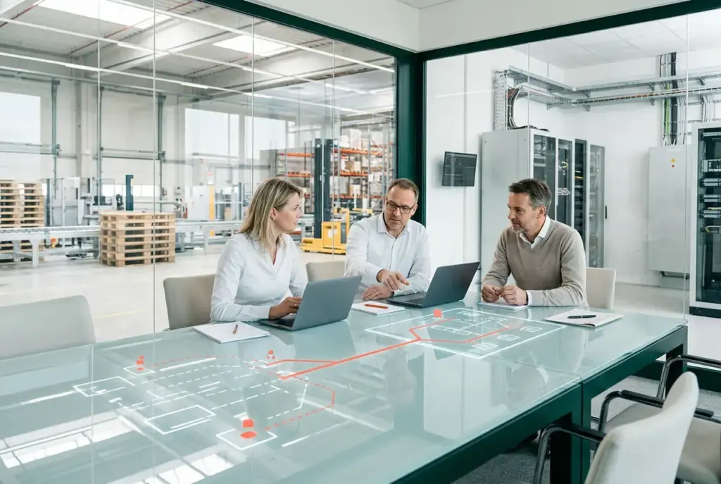 Team bespricht sich am Tisch in einer modernen Werkhalle