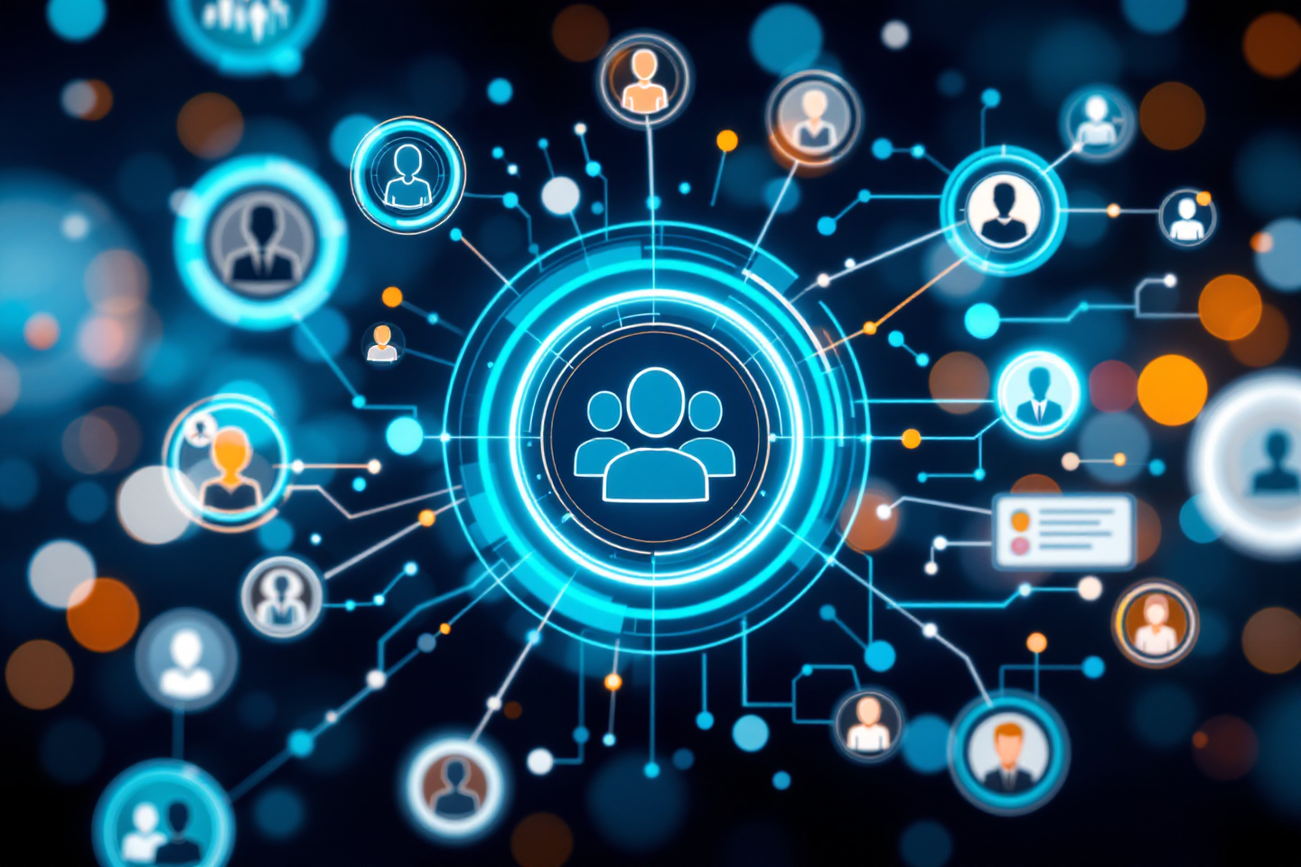 Die Illustration zeigt symbolisch eine professionelle Vernetzung zwischen Unternehmen und hochqualifizierten Experten. In der Mitte befindet sich ein zentrales Symbol oder Icon, das eine spezialisierte Personalberatung oder einen Interim Provider repräsentiert, umgeben von verschiedenen kleineren Icons, welche spezifische Kompetenzen und Profile von Experten darstellen. Dynamische Verbindungen verdeutlichen die effiziente Vermittlung und den passgenauen Austausch zwischen dem Provider und Unternehmen. Die Farbgebung ist professionell, modern und vertrauenserweckend, betont den nachhaltigen Mehrwert und die Qualität der Zusammenarbeit.
