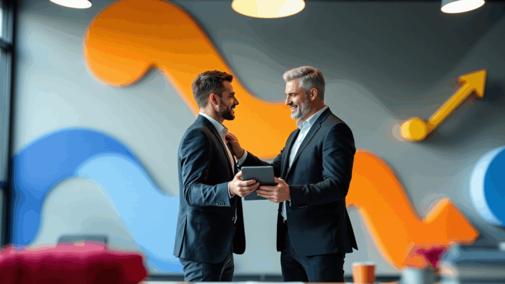 Ein älterer und ein jüngerer Mann im geschäftlichen Beratungsgespräch um den Fachkräftemangel zu lösen. Im Hintergrund auffällige Wandgrafiken.
