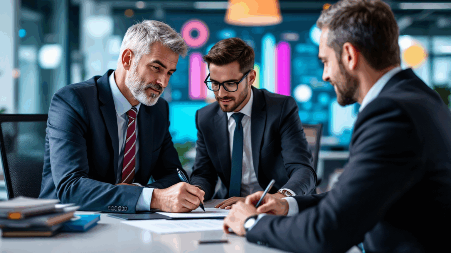 Drei Männer aller Altersgruppen in geschäftlichen Gespräch am Tisch einen Vertrag unterschreibend