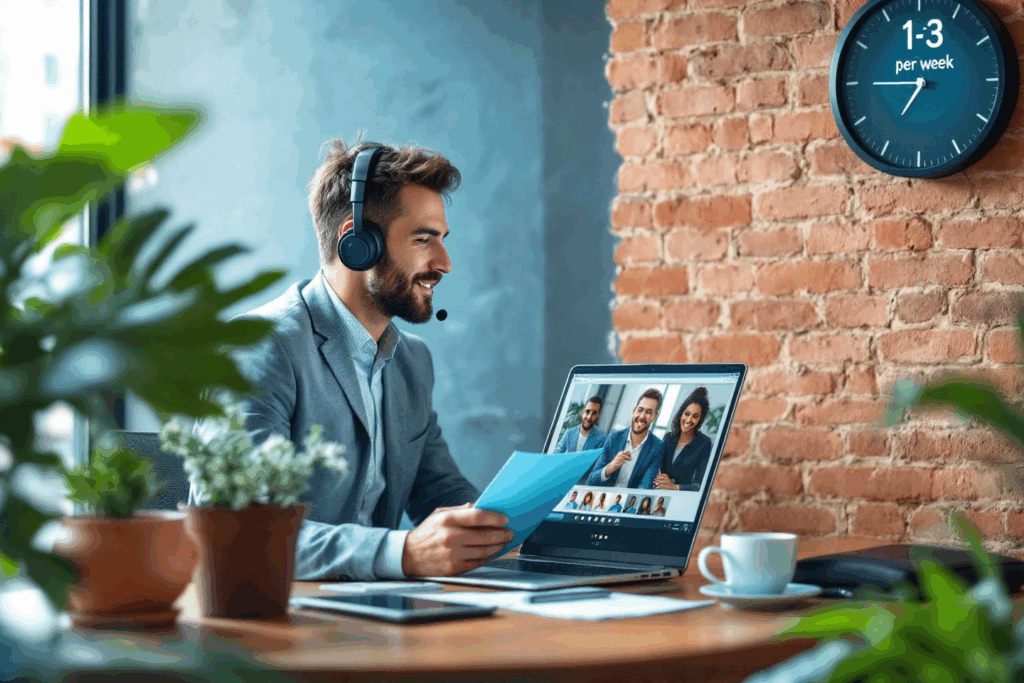 Experte mittleren Alters mit Bart in einem Videocall mit anderen Personen