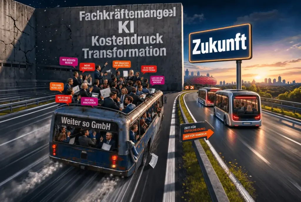Bus fährt Richtung „Zukunft“ vorbei an Schildern zu Fachkräftemangel, KI und Kostendruck
