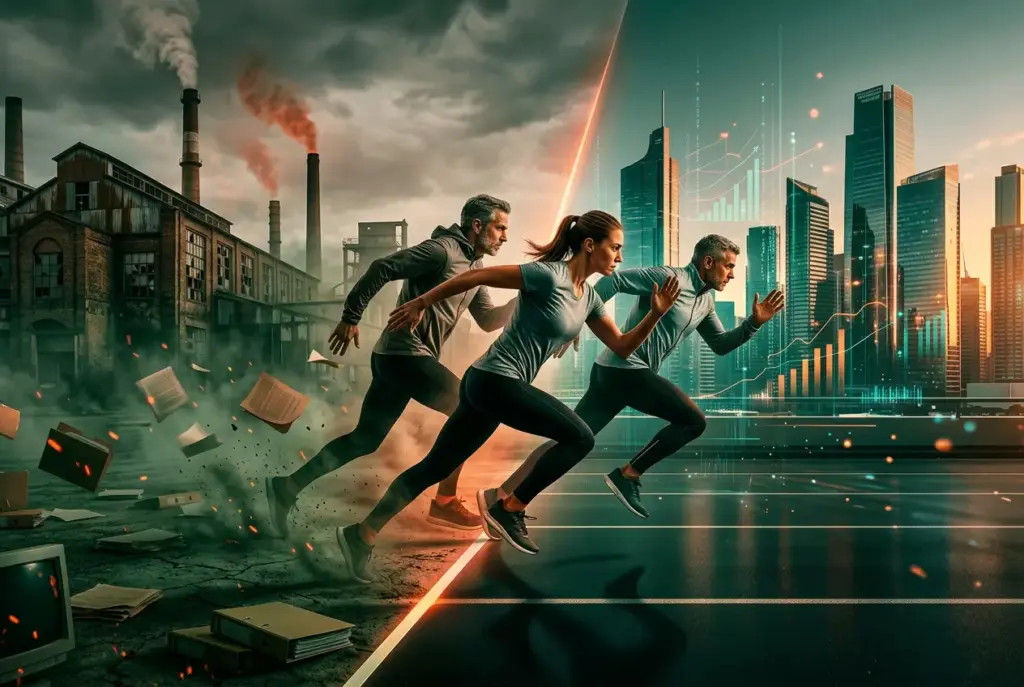 Menschen laufen von einer Industrieruine auf eine moderne Skyline zu